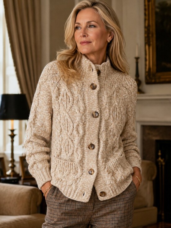 Talbots Sweaters - Talbots Tan Neutral Cable Knit Chunky Fisherman Preppy Classic Cardigan Sz M